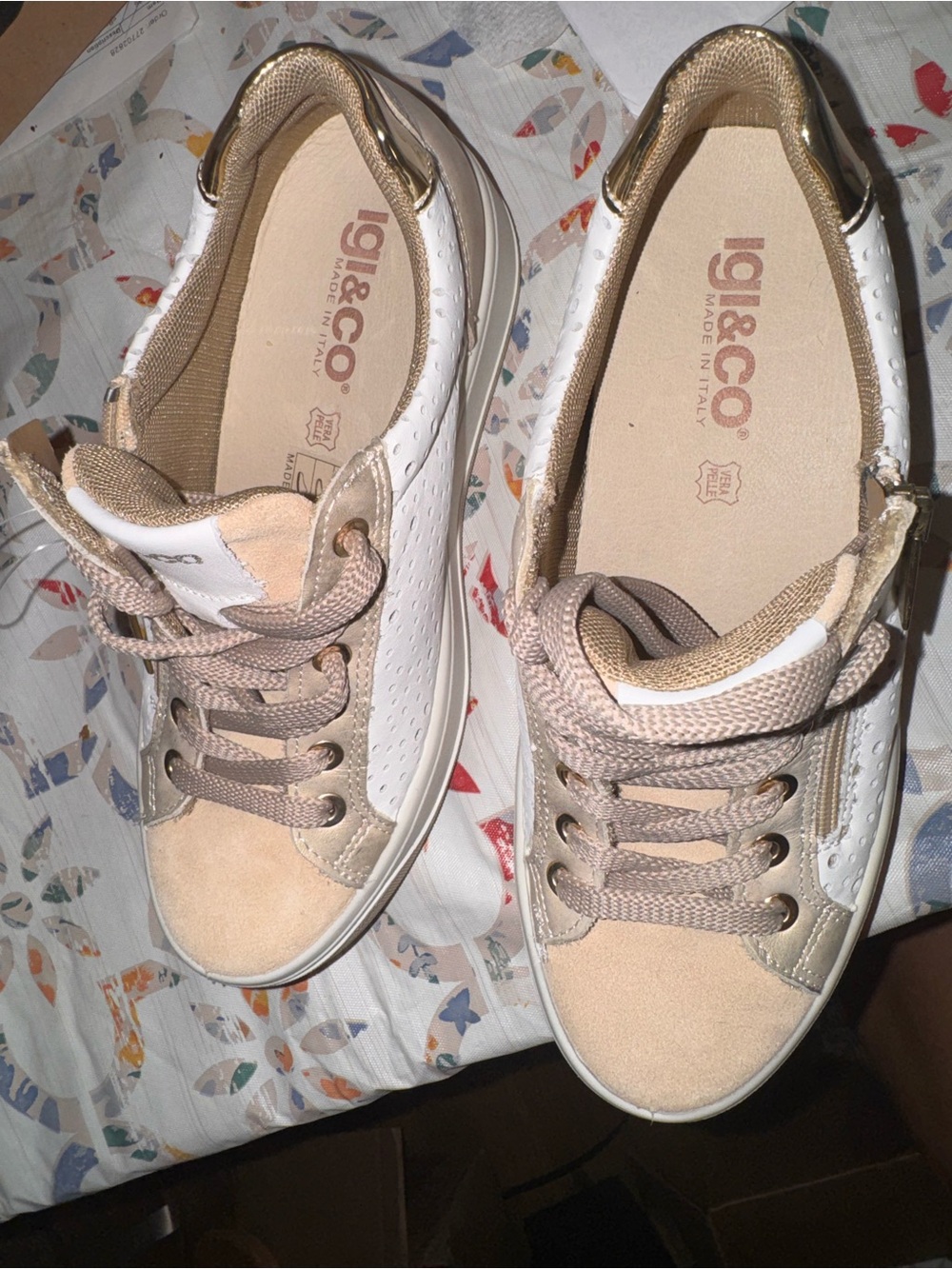 IGI&CO Women's Beige & White Gold Lace-Up/slip zipperSneakers Platform Italian